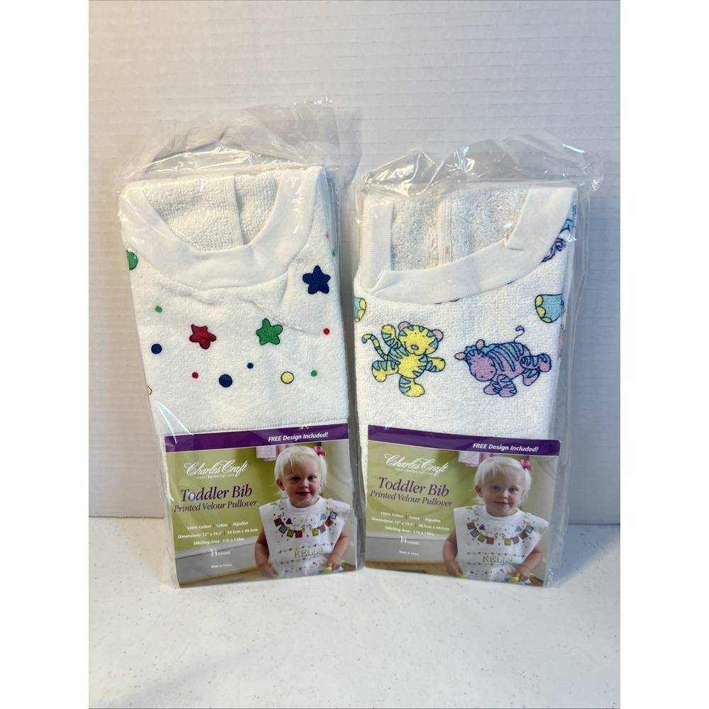 Charles Craft Toddler Bib Printed Pullover Cotton 14 Count 12 X 19.5 Lot Of 2